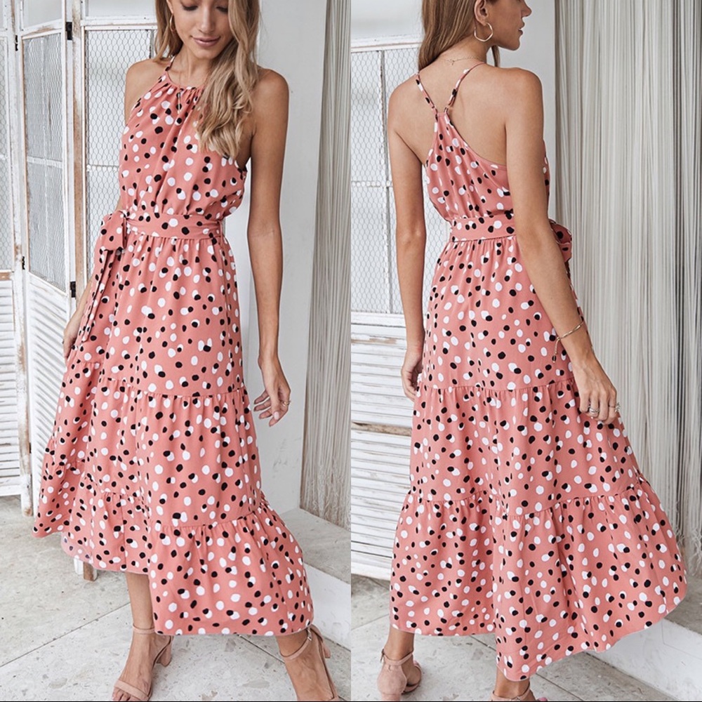🆕Pink Polka Dot Halter Midi Dress